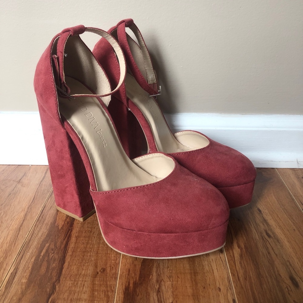 Pink suede chunky heels